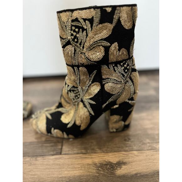 Steve Madden Goldie Black Gold Floral Embroidered Sequin Booties 8.5 Holiday - Picture 8 of 11